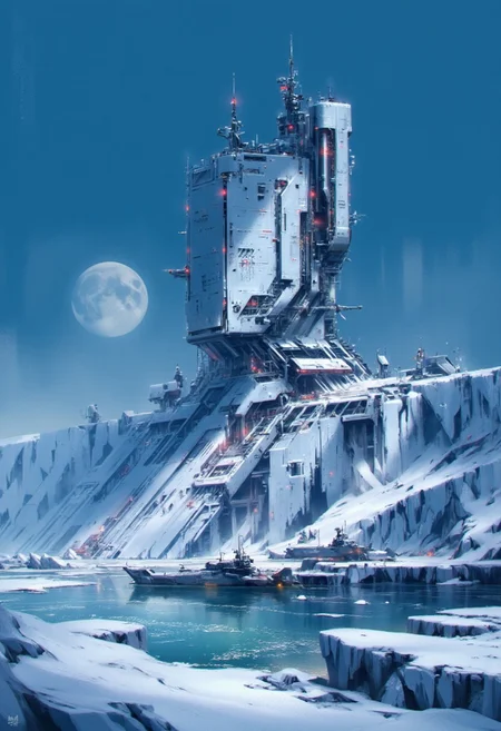 in the style of ck-sfc, Inkpunk Anime, a_skynet_cyberdyne_craft, the image is featuring a blue and white theme, icy snow-covered landscape, Artemis Station, with red lights, smoked glass and diodes, at the edge of an icy ocean with icebergs, its sleek towers a stark contrast to the snow surrounding it, with a harbour featuring military warships of gunmetal alloy, red lights and diodes, moored. The planet’s sun casts a vivid, surreal light across the station, while deep fissures filled with glaciers mark a stark background. The sky is a dark blue, with a moon hanging low in the horizon