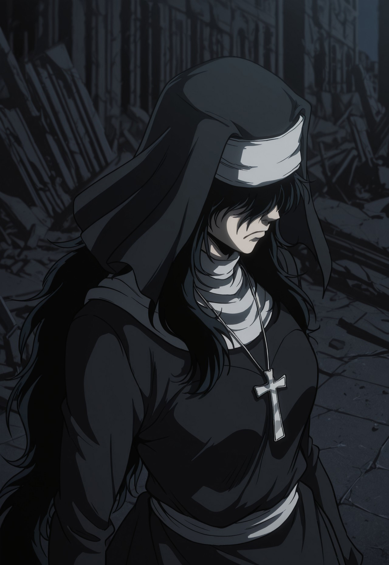 masterpiece, best quality, amazing quality, very aesthetic, absurdres, YumieTakagi, 1girl, black hair, very long hair, hair covering eyes, black veil, medium breasts, silver cross necklace, white guimpe, long black dress, upper body, frown, perspective, ruins, night, angry, arms at side, from side