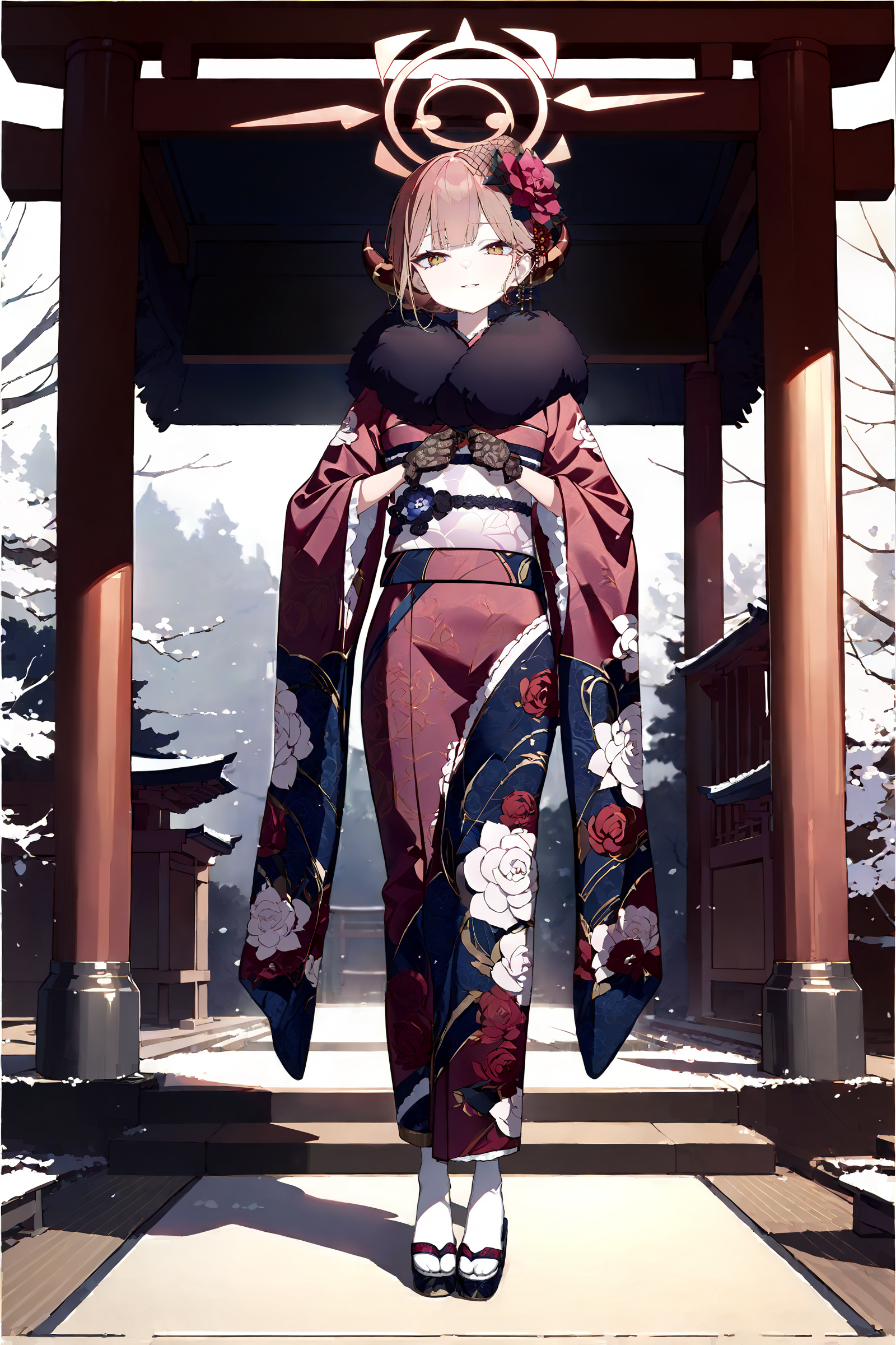 masterpiece, best quality, very aesthetic, ray tracing, newest,(hitenkei, askzy:0.5), 1girl, aru \(blue archive\), solo, fur-trimmed kimono, lace gloves, horns, hair flower, halo, obi, sash, tabi, single hair bun, zouri, standing, full body, hands on own chest, light smile, east asian architecture, outdoors, blurry background  <lora:quality1:0:hr=2>,  <lora:Char-BlueArchive-Aru-XL-V1:0.9>