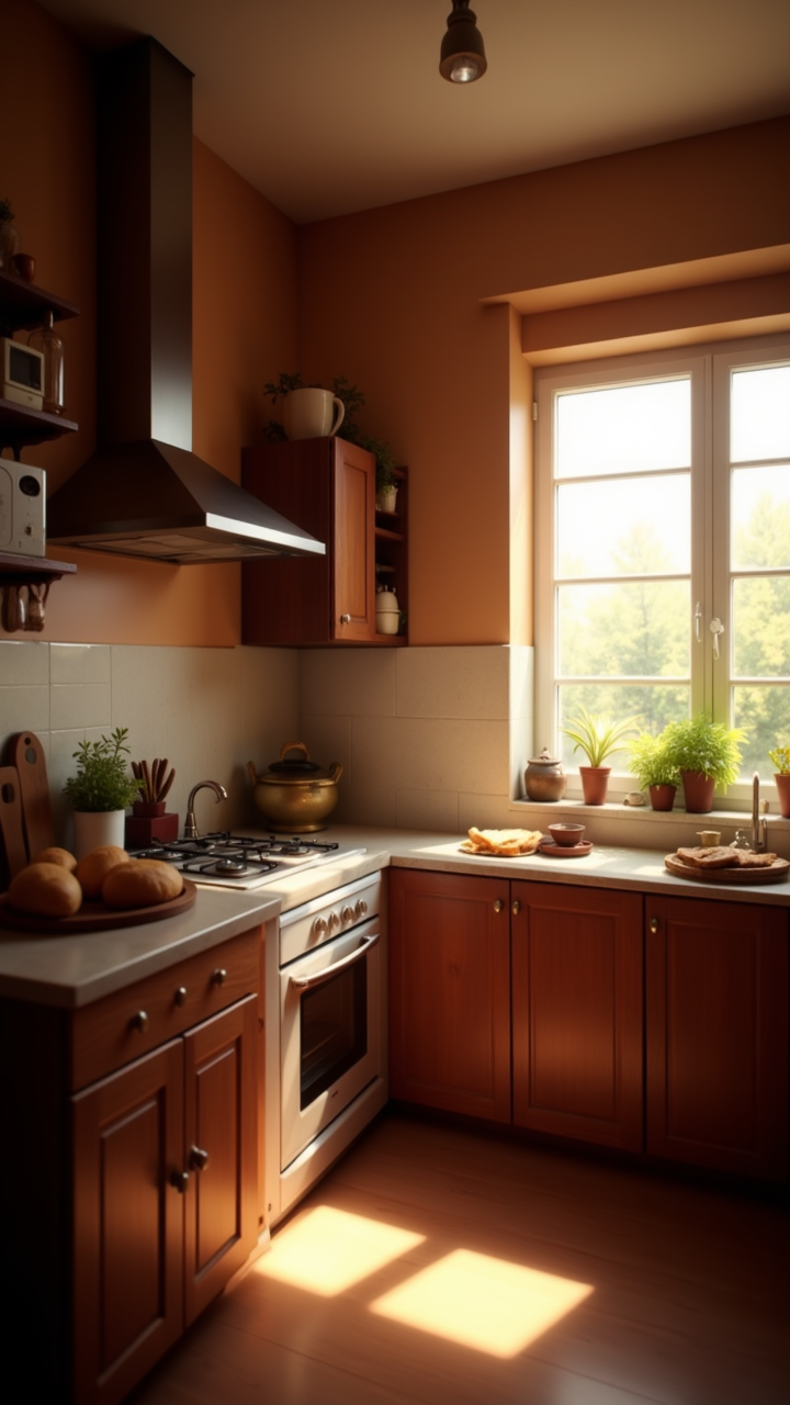 ambient light, a cozy kitchen filled with the aroma of freshly baked bread. The walls are painted in shades of brown and white, and the floor is covered in soft lighting. A small potted plant sits on the counter, Warm Colors, aidmaimageupgrader