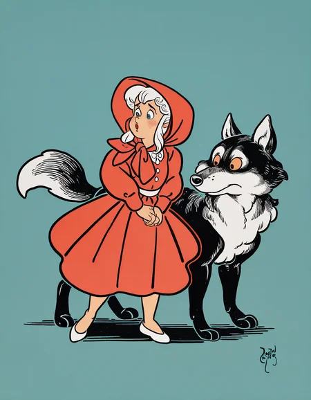by wwdenslow, masterpiece, best quality, absurdres, highres, general, 1girl, little-red-riding-hood, 1other, big-bad-wolf, split-theme, 1960s-\(style\)