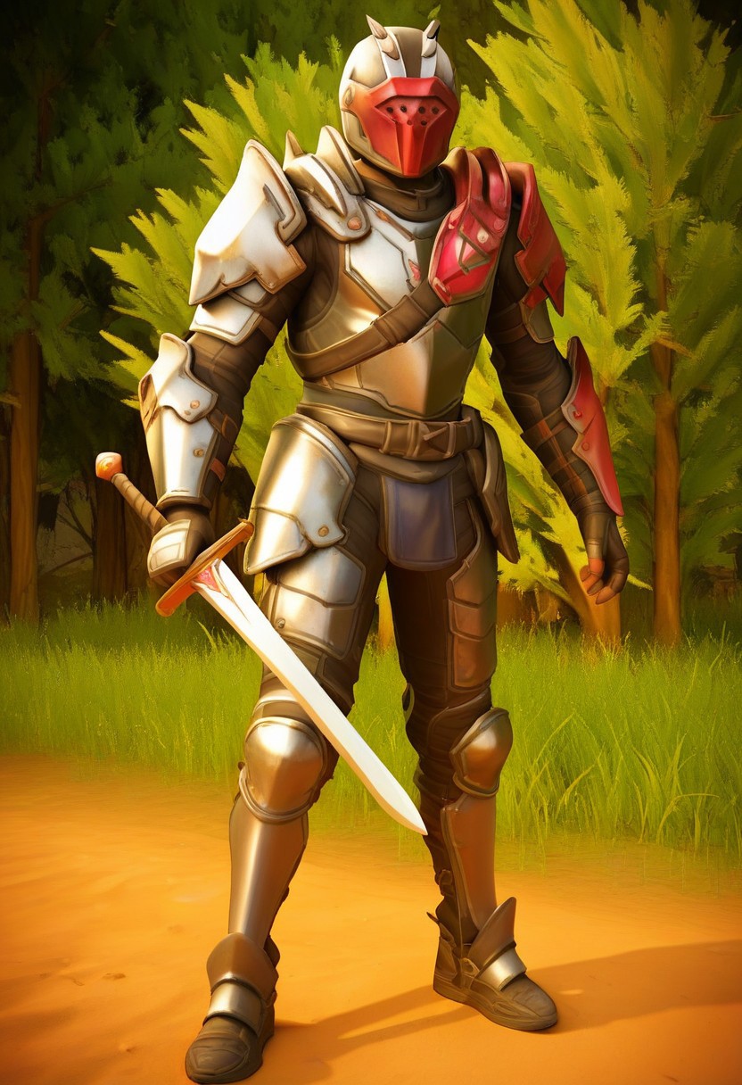 score_9, score_8_up, score_7_up, score_6_up, score_5_up, score_4_up, BREAK <lora:Lunas-FortniteStyle-SDXL-A1:1>, solo, 1male,
X-Lord, ingame, fortnite, red colored mask, light skin, well built, skinny body type, twink, young,
forest background, on a dirt road, knight, full body armor, armored man, chest plate, leg armor, shoulder armor, fantasy armor, holding sword,