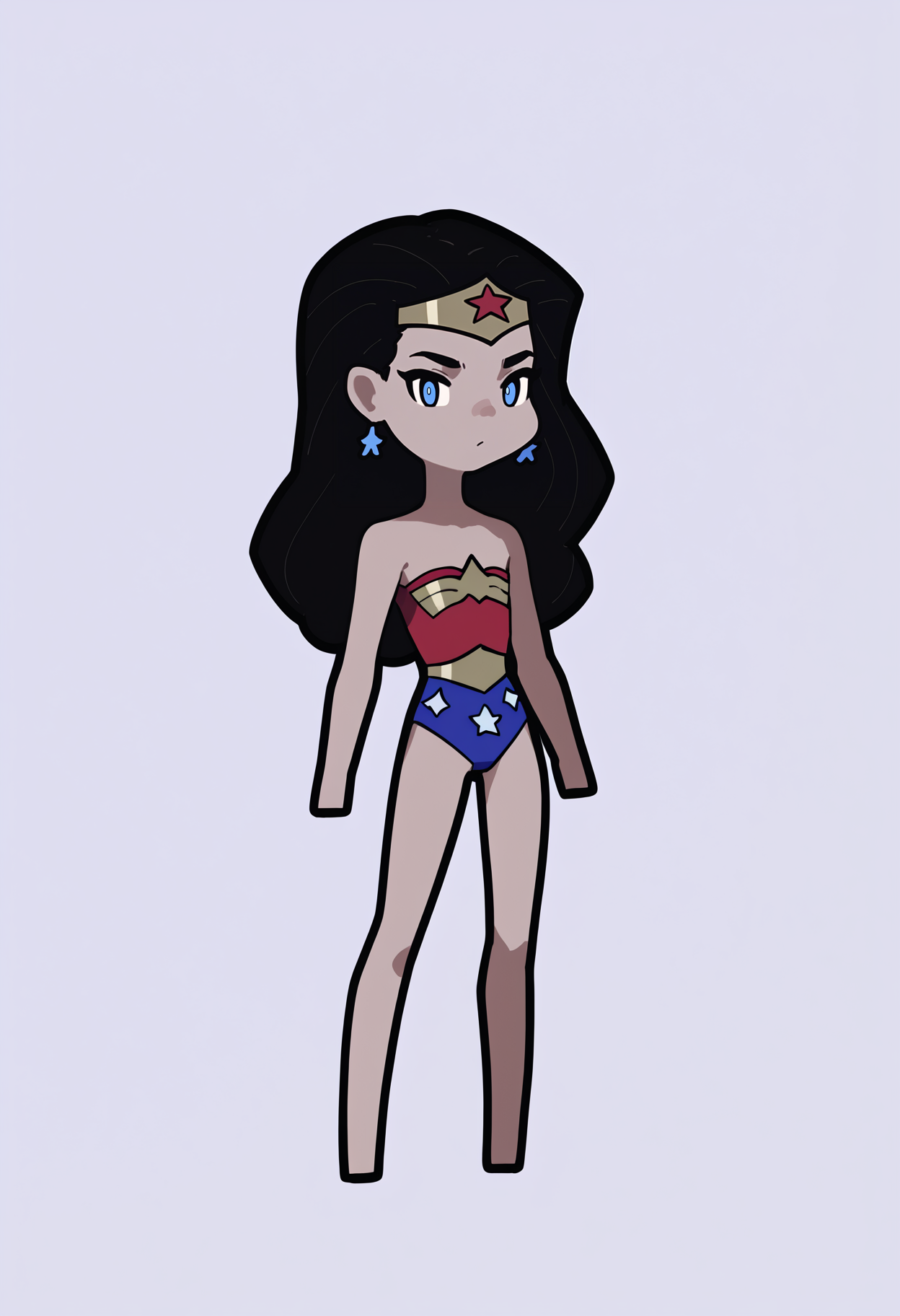 score_9, score_8_up, score_7_up, score_6_up, score_5_up, score_4_up, BREAK
1girl, chibi,
wwkd, black hair, long hair, blue eyes, dark skin, bare shoulders, earrings, flat chest, jewelry, leotard, tiara,
standing, full body, solo, looking at viewer, simple background, white background    <lora:RabbitAndSteelXLLocon:1>   <lora:WonderWomanKidsXLv2:1>