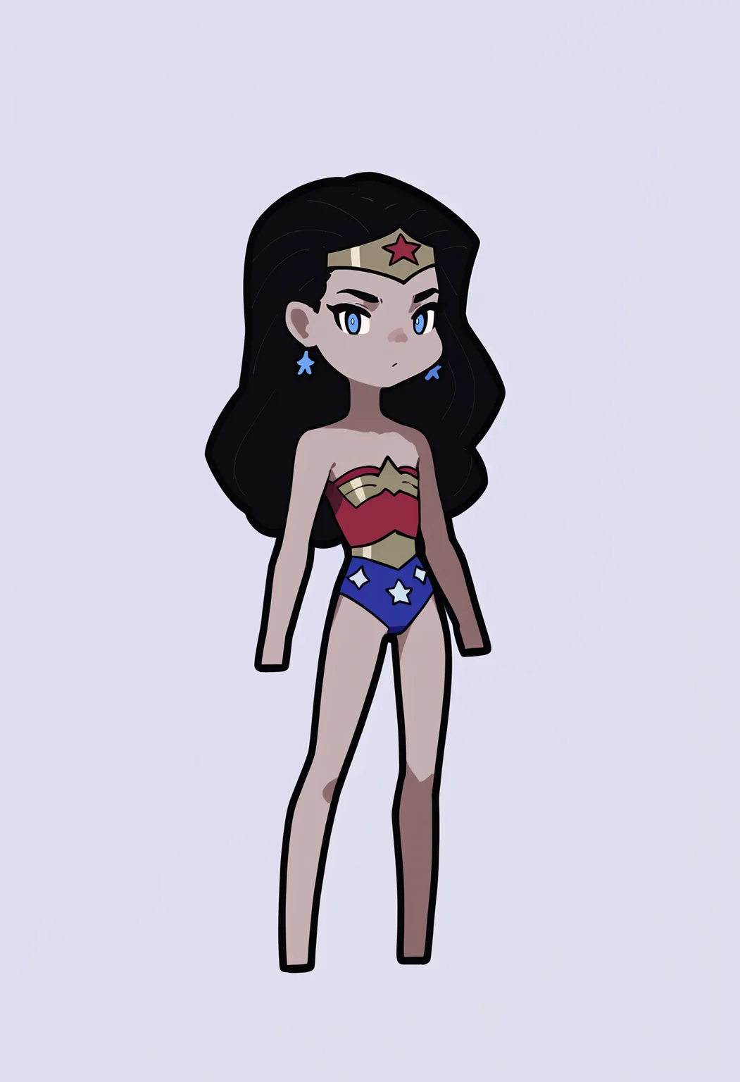 score_9, score_8_up, score_7_up, score_6_up, score_5_up, score_4_up, BREAK
1girl, chibi,
wwkd, black hair, long hair, blue eyes, dark skin, bare shoulders, earrings, flat chest, jewelry, leotard, tiara,
standing, full body, solo, looking at viewer, simple background, white background <lora:RabbitAndSteelXLLocon:1> <lora:WonderWomanKidsXLv2:1>