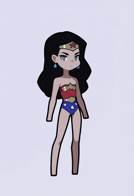 score_9, score_8_up, score_7_up, score_6_up, score_5_up, score_4_up, BREAK
1girl, chibi,
wwkd, black hair, long hair, blue eyes, dark skin, bare shoulders, earrings, flat chest, jewelry, leotard, tiara,
standing, full body, solo, looking at viewer, simple background, white background    <lora:RabbitAndSteelXLLocon:1>   <lora:WonderWomanKidsXLv2:1>