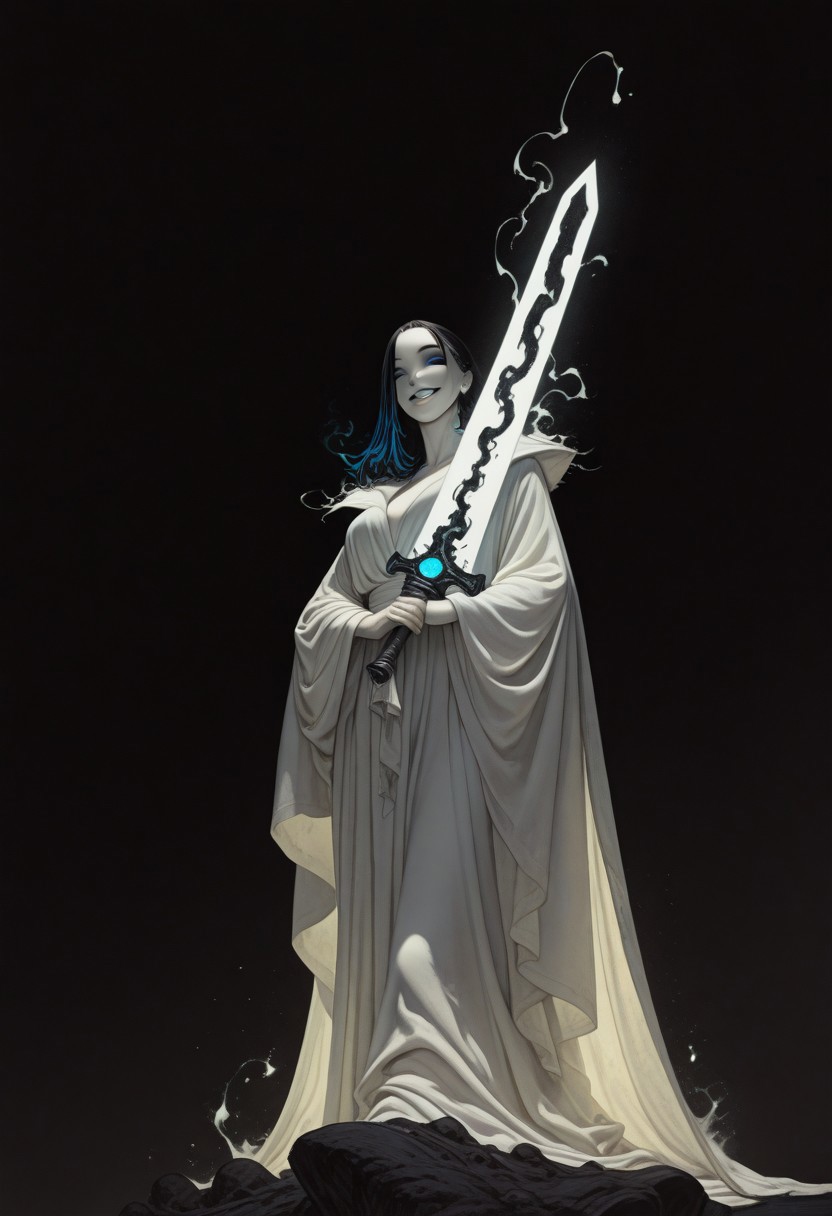 Bright, almost blinding monochrome manga sketch, minimal rough lines, seductive female embodiment of Death, long white robe flowing like liquid light, voluptuous woman, detailed face and hair, robe merging into surrounding glowing void, massive indistinct sword shimmering with unreal radiant energy, face as white void, wicked teasing grin piercing the light with eerie clarity, raw unfinished feel, heavy highlights, stark white contrasts, tense mysterious atmosphere, sketch texture, high contrast ink style, dynamic linework, abstract glowing space, unsettling visual tension, minimalist composition, light fantasy aesthetic, ethereal presence, subtle energy distortion, blinding brightness, 8k resolution, ArtStation trending, award-winning composition. giant sword, huge sword