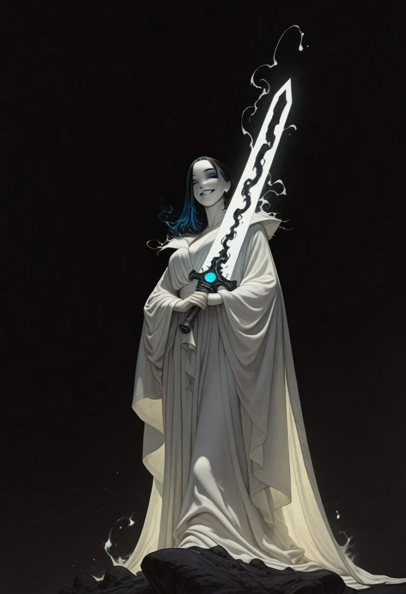 Bright, almost blinding monochrome manga sketch, minimal rough lines, seductive female embodiment of Death, long white robe flowing like liquid light, voluptuous woman, detailed face and hair, robe merging into surrounding glowing void, massive indistinct sword shimmering with unreal radiant energy, face as white void, wicked teasing grin piercing the light with eerie clarity, raw unfinished feel, heavy highlights, stark white contrasts, tense mysterious atmosphere, sketch texture, high contrast ink style, dynamic linework, abstract glowing space, unsettling visual tension, minimalist composition, light fantasy aesthetic, ethereal presence, subtle energy distortion, blinding brightness, 8k resolution, ArtStation trending, award-winning composition. giant sword, huge sword
