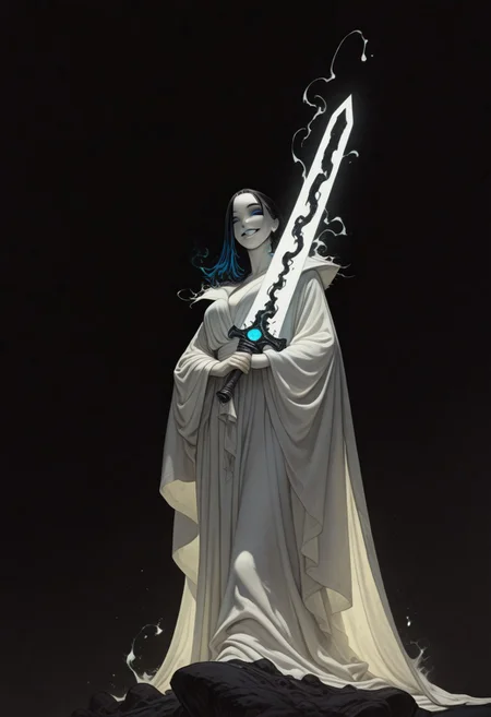 Bright, almost blinding monochrome manga sketch, minimal rough lines, seductive female embodiment of Death, long white robe flowing like liquid light, voluptuous woman, detailed face and hair, robe merging into surrounding glowing void, massive indistinct sword shimmering with unreal radiant energy, face as white void, wicked teasing grin piercing the light with eerie clarity, raw unfinished feel, heavy highlights, stark white contrasts, tense mysterious atmosphere, sketch texture, high contrast ink style, dynamic linework, abstract glowing space, unsettling visual tension, minimalist composition, light fantasy aesthetic, ethereal presence, subtle energy distortion, blinding brightness, 8k resolution, ArtStation trending, award-winning composition. giant sword, huge sword