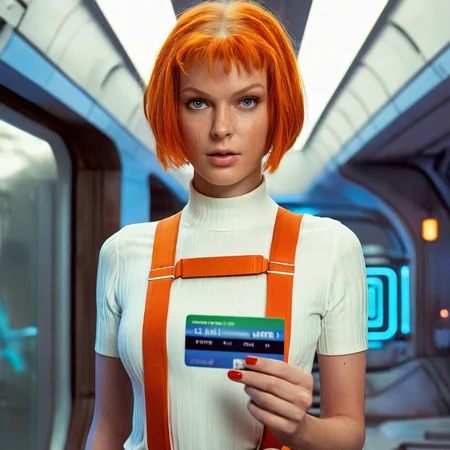 UHD, 4k, ultra detailed, cinematic, a photograph of <lora:detailed:0.5>
<lora:perfection style:0.5>
<lora:Le Cinquieme Element style:0.5>
<lora:Leeloominai:0.8>
Leeloominai In futuristic 2263 Leeloo2 a woman holding a multi pass sci fi id card,1girl,solo,looking at viewer,short hair,blue eyes,shirt,navel,red hair,midriff,orange hair,freckles,green pants , 23rd century, realistic, cinematic, film, movie, sci fi, science fiction, action film, The Fifth Element style, Le Cinquieme Element style, orange suspenders, orange suspenders costume, white shirt, small passport id card, epic, beautiful lighting, inpsiring
