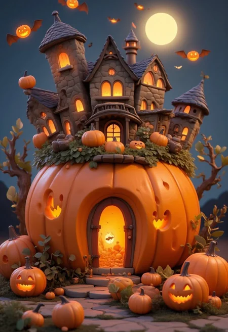 A large pumpkin with a door carved into it. The door leads to a haunted mansion with bats and little pumpkins, kawaii, cute, 3d