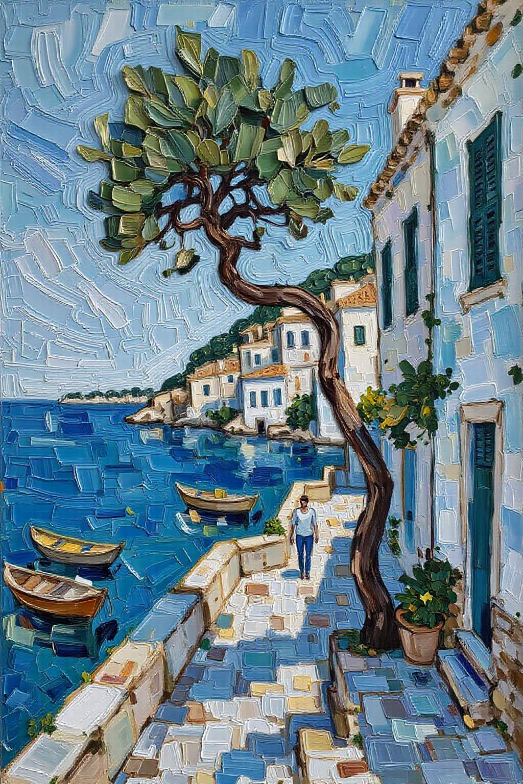 impasto oil painting.
a coastal scene is depicted in a close-up perspective. The scene is painted in shades of blue, green, and white, with a tree in the foreground. The tree casts a shadow on the right side of the frame, adding a touch of depth to the scene. To the right of the tree, a cobblestone path leads to a white building with green shutters. In front of the building, a person is walking on the path. In the left corner of the image, a body of water with a few boats floating on it. The sky is a light blue, with wispy white clouds streaming across it.
 <lora:impasto_nocap_d6a3:1.0> <lora:Flux-Sch-SingleBlocks-BF16:1.0><lora:802435526243316107:0>