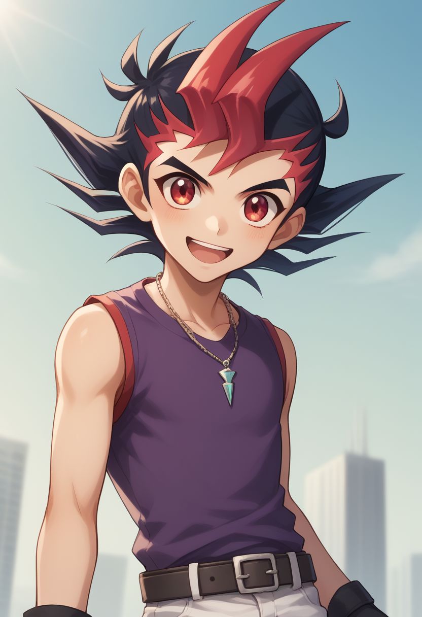 score_9, score_8_up, score_7_up, source_anime, highly detailed, cute,
yuma, 1boy, male focus, gloves, solo, red eyes, black hair, red hair, spiked hair, belt, fingerless gloves, multicolored hair, open mouth, smile, white pants, purple shirt, green shirt, two-colours shirt, sleeveless, bang, necklace, upper body,
outdoor,