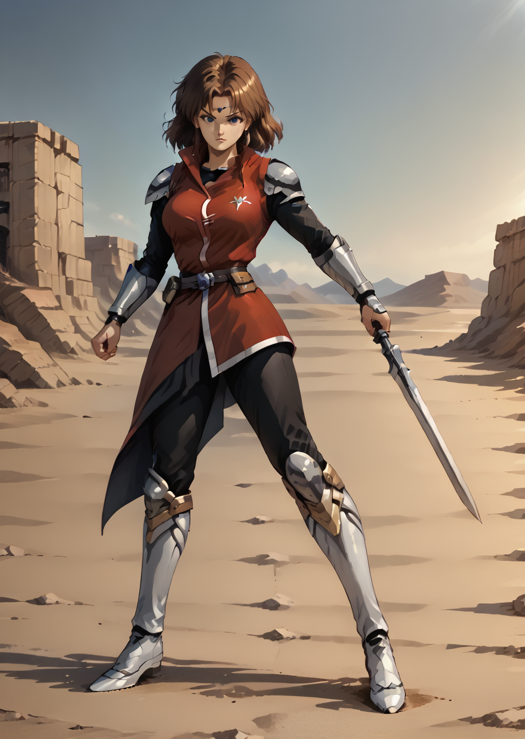 Alys Brangwin, 1girl, solo, full body, action pose, holding weapon, <lora:Alys_Brangwin_Phantasy_Star_4 (2):0.8>