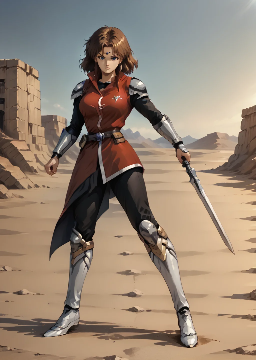 Alys Brangwin, 1girl, solo, full body, action pose, holding weapon, <lora:Alys_Brangwin_Phantasy_Star_4 (2):0.8>