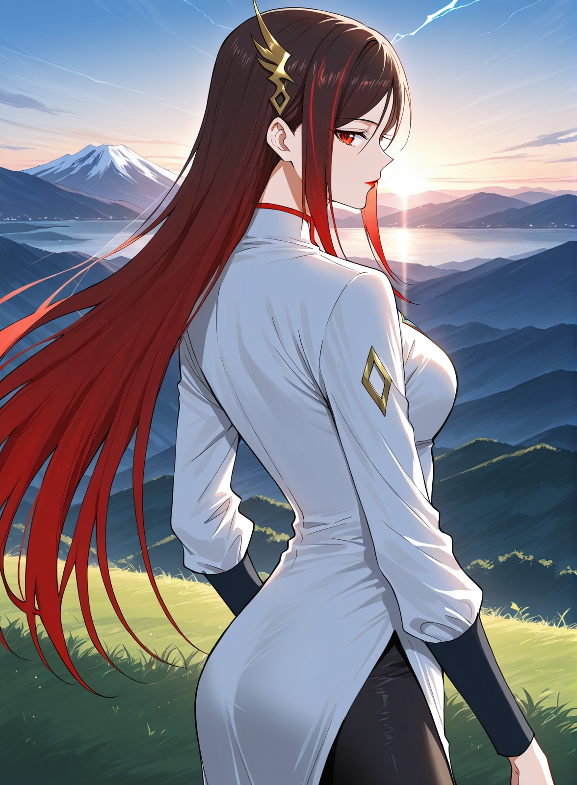 <lora:Jin_Mulan__Ultimate_Son-in-law__Illustrious:1>
1 girl, solo, long hair, red hair, gradient hair, straight hair, hair behind back, side bangs, hair ornament, golden accessory, red eyes, lipstick, 
white dress, high collar, red trim, diamond-shaped brooch, long sleeves, black sleeves, asymmetrical outfit, side slit, black leggings, tight pants, lightning-shaped hair ornament,  diamond pattern on sleeves, bodycon outfit,
score_9, score_8_up, score_7_up, source anime, BREAK, cowboy shot, (from side), looking back, looking at viewer, overlooking mountain, high altitude, scenery, exterior, background