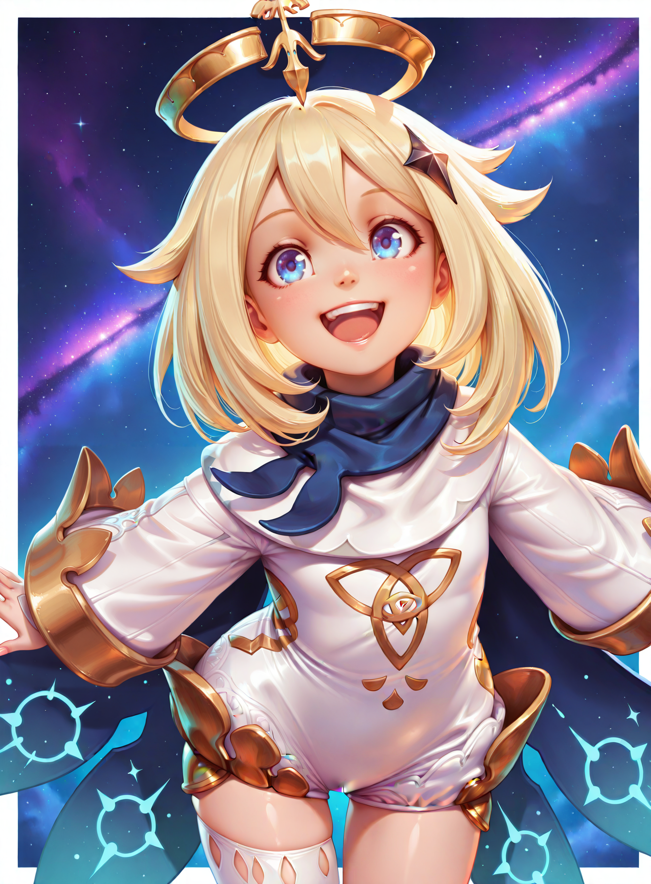 best quality, masterpiece, highres,  <lora:PaimonIL_character:0.9> PaimonwaifuIL, open mouth, scarf,  looking at viewe, smile,  blue eyes, solo,  :d, teeth, upper body, bangs, upper teeth only, long sleeves, hair ornament,dress, wide sleeves, white dress, scarf, cape, halo, single thighhigh,  star hair ornament, blue scarf, blue cape,  white romper, white bodysuit, happy,two-tone background, galaxy,outside border,  shiny, curvy,  <lora:ASteveArgyle_Style:1> steveargxl <lora:illustriousXL_stabilizer_v1.23:0.8>