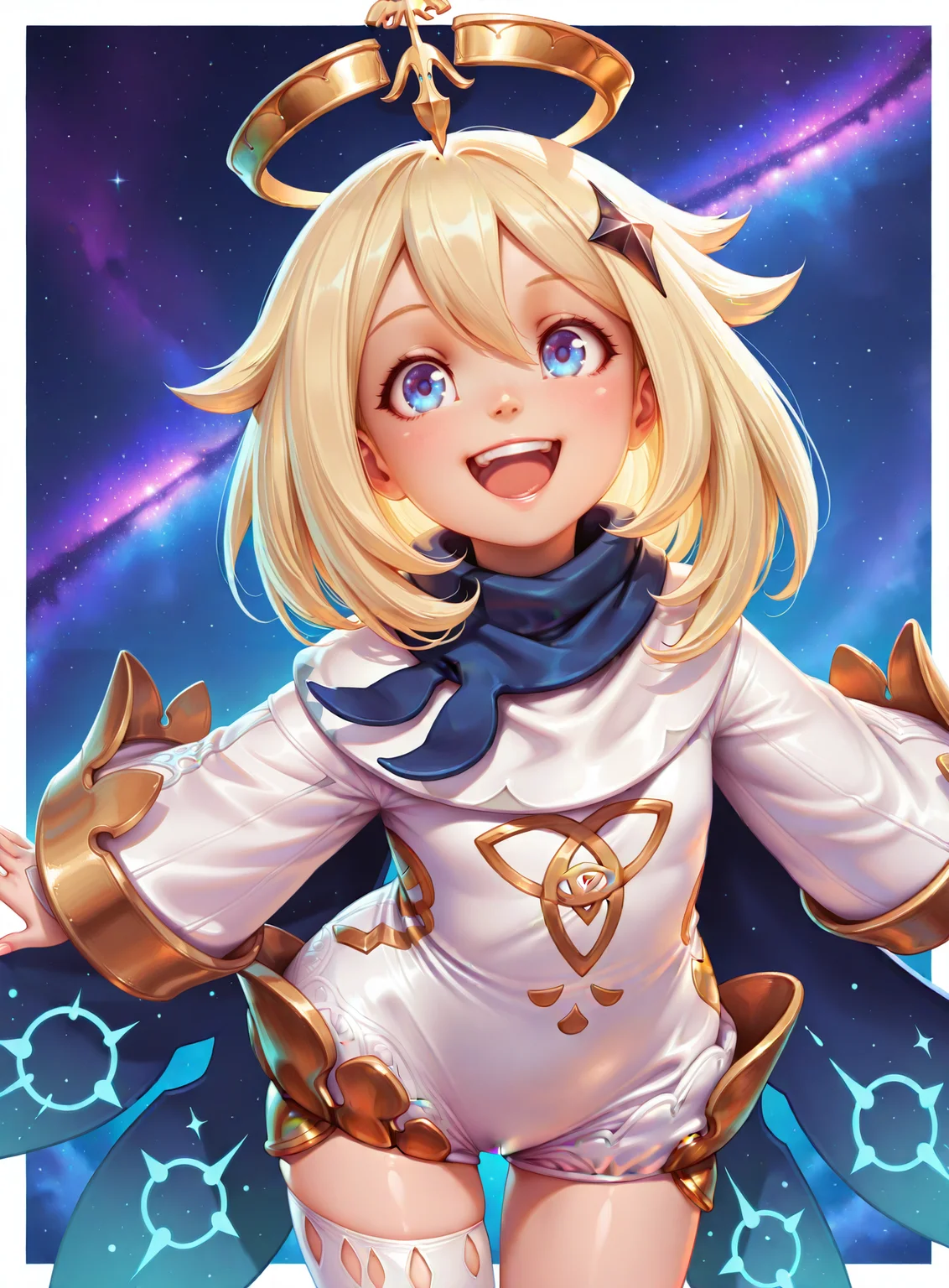 best quality, masterpiece, highres,  <lora:PaimonIL_character:0.9> PaimonwaifuIL, open mouth, scarf,  looking at viewe, smile,  blue eyes, solo,  :d, teeth, upper body, bangs, upper teeth only, long sleeves, hair ornament,dress, wide sleeves, white dress, scarf, cape, halo, single thighhigh,  star hair ornament, blue scarf, blue cape,  white romper, white bodysuit, happy,two-tone background, galaxy,outside border,  shiny, curvy,  <lora:ASteveArgyle_Style:1> steveargxl <lora:illustriousXL_stabilizer_v1.23:0.8>