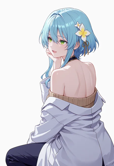 Smooth Quality,masterpiece,very intricate, high quality details, ultra realistic, high detailed skin,detailed enviorement,absurdres,
hand on own cheek,
<lora:Villhaze_CNR:0.8> villhaze_cnr, 1girl,blue hair, short hair with long locks, green eyes, hair between eyes, hair flower,bare shoulders,, simple background, white background, from behind,
reclining, arms folded behind head, one knee bent, looking up, peaceful mood, ,, :d,, choker sweater, ,doctor coat, ,pleated pants, ,