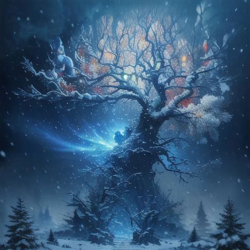 Two small robin birds on a snowy branch of a tree, one with a woolen hat and the other with a scarf illuminated by a lantern hanging from a branch, it is getting dark and snowing, in the background the last lights of the day and snowy trees blurred by the fog and falling snow, 3D style, Disney, Pixar, 4K, the little birds in focus, detailed drawing something that does not even exist, mythical being, energy, molecular, textures, impressive beauty, pure perfection, divine presence, unforgettable beauty, impressive , impressive, volumetric light, auras, rays, vivid reflected colors, you can see snowflakes falling, studio lighting, very detailed