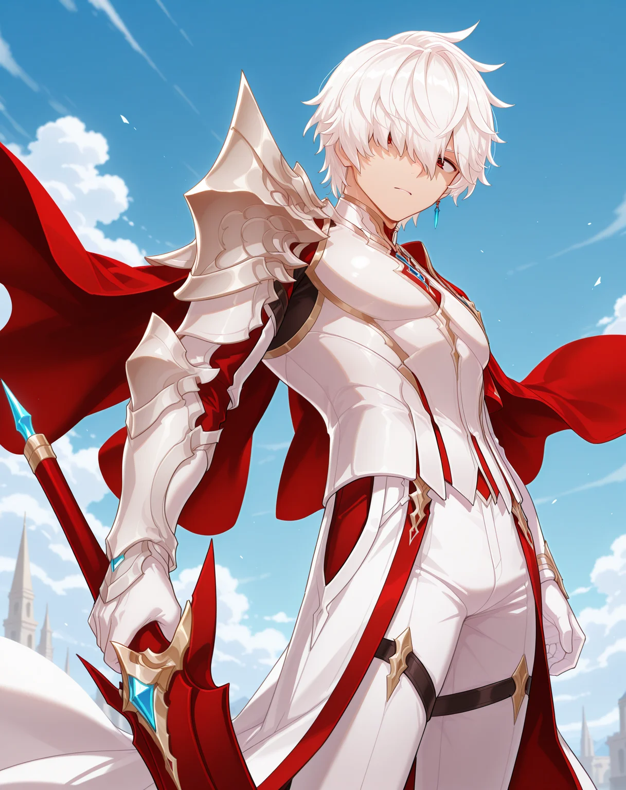 masterpiece, amazing quality, best quality, absurdres, very aesthetic,
1boy, solo, yaoi, male focus, cowboy shot, upper body, looking at viewer, face focus,
<lora:Elsword_Genesis_ilxl:1> elswordgn, white hair, red eyes, short hair, hair between eyes, hair over one eye,
shoulder armor, white gloves, white pants, pauldrons, high heels, white armor, jewelry, red cape,
holding weapon, holding sword, left-handed,
outdoors, day, blue sky,