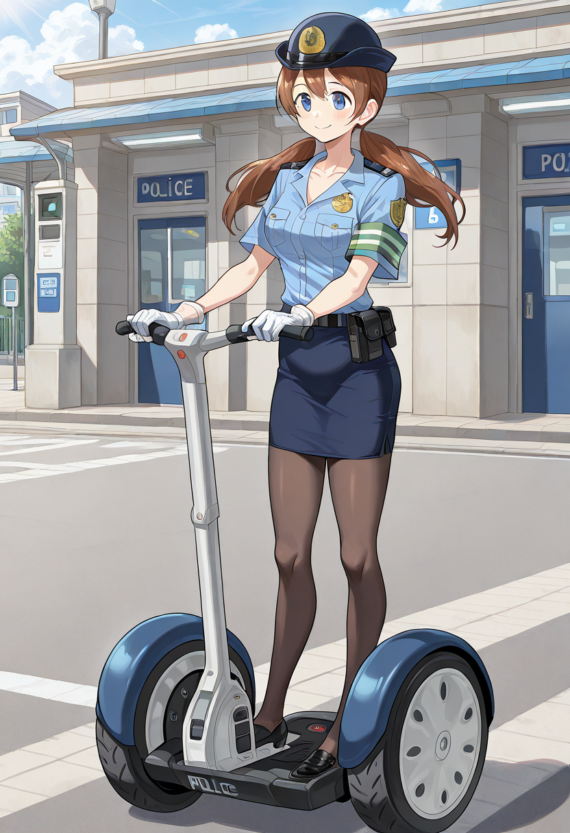 segw4y, riding segway, on segway, 1girl, solo, aingbc, brown hair, long hair, low twintails, blue eyes, police uniform, police hat, shirt, short sleeves, collarbone, armband, pencil skirt, pantyhose, white gloves, black shoes, outdoors, police station, smile, full body,