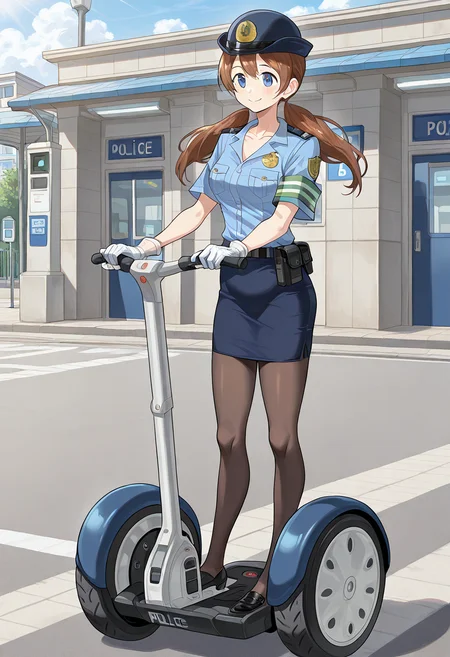 segw4y, riding segway, on segway, 1girl, solo, aingbc, brown hair, long hair, low twintails, blue eyes, police uniform, police hat, shirt, short sleeves, collarbone, armband, pencil skirt, pantyhose, white gloves, black shoes, outdoors, police station, smile, full body,