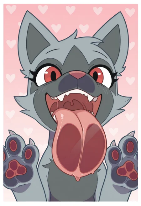 masterpiece, best quality, very awa, absurdres, flat colors, masterpiece, lineless, scott_pilgrim_style, possmach, imp4ct_style, gradient background, heart print background, borders, solo, poochyena, feral, Pokemon, lick_pov, open mouth, tongue out, tongue on glass, pov, close up, big tongue, mawshot, teeth, pressed against glass, paw pads, paws on glass,