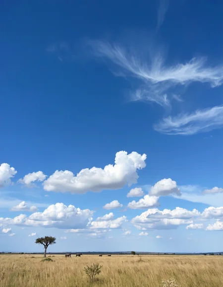 A vast savanna under a bright blue sky, with a lone acacia tree and a herd of elephants walking in the distance.