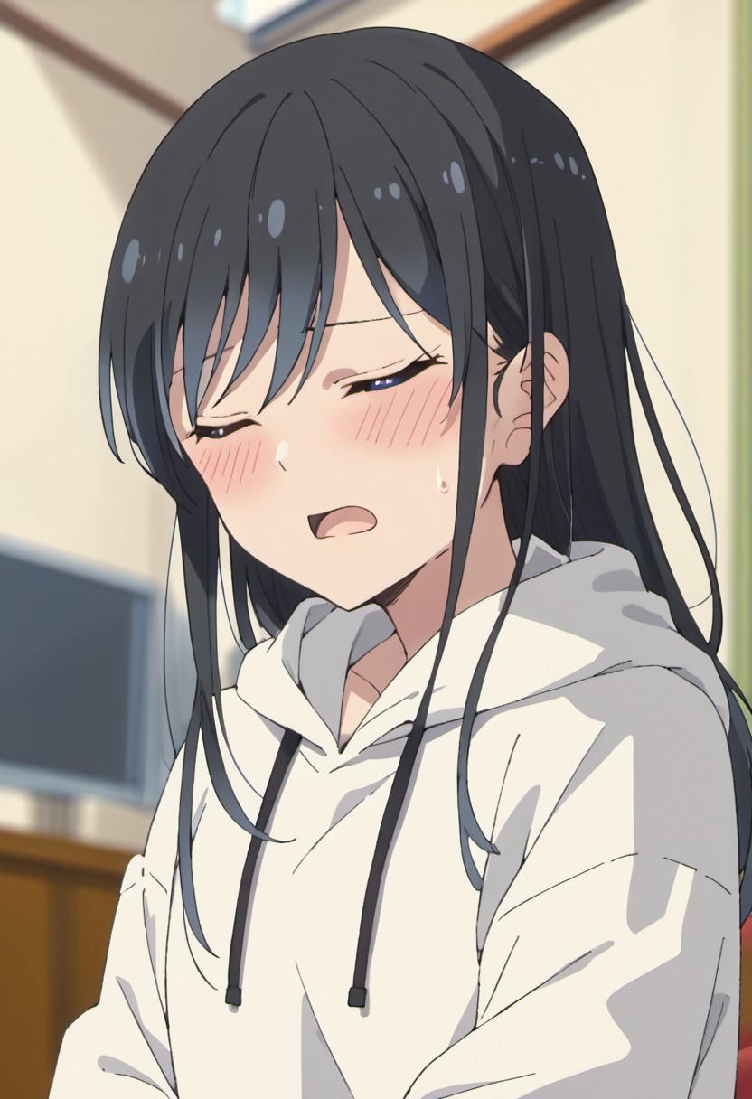 score_9, score_8_up, score_7_up, source_anime,nanakura rin, black hair, blue eyes, long hair, 1girl, hood, blush, closed eyes, solo, open mouth, indoors, depth of field, hoodie, sweatdrop