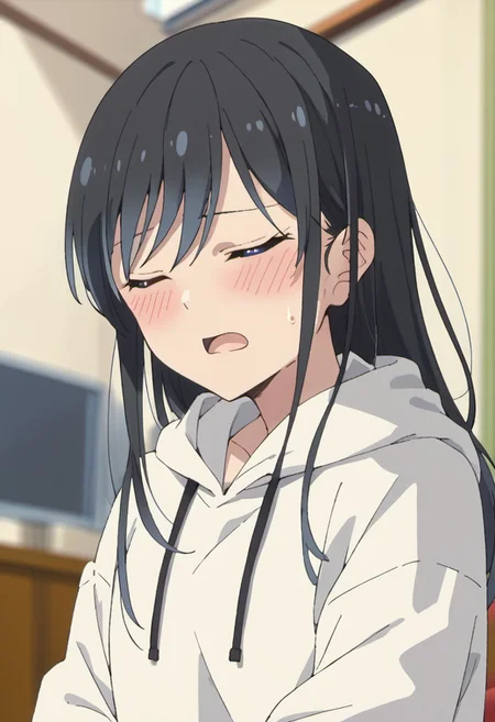 score_9, score_8_up, score_7_up, source_anime,nanakura rin, black hair, blue eyes, long hair, 1girl, hood, blush, closed eyes, solo, open mouth, indoors, depth of field, hoodie, sweatdrop