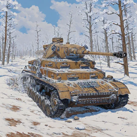 On the Eastern Front, a winterized pnzr4tnk tank with whitewash camouflage moves through a snow-covered forest. Its crew is on high alert for Soviet armor as it participates in Operation Barbarossa, illustrating the harsh winter conditions and the tank's adaptation to snow and ice ((pulp_comic, heavy_lines, hand_drawn, hand_inked, hand_colored, perfect_face, apxlz))