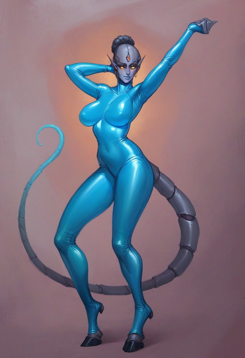 sci fi scene, rating questionable, score_9, score_8_up, score_8. score_9, score_8_up, score_7_up, score_6_up, realistic, masterpiece painting, 4k, pin up art by H. R. Giger, boudoir photography by Olivia Beradinis, voluptuous buxom milf, human face, alien antennae, (magical blue gray skin:1.2), hooves, tail, glowing orange eyes, transparent glowing cyan latex bodysuit, shy dancing, talking