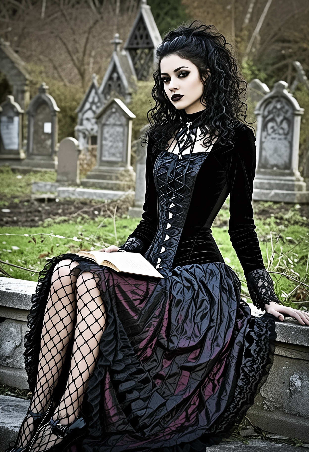 YW0m4n, style (gothic:1.2) full body portrait, beautiful young (spanish woman:1.3) reading a book, long (curly:1.4) black hair, modest dark makeup, elegant (short gothic dress:1.4), texture (crushed velvet fabric:1.2) and patterned lace, sitting on a stone bench, background (dead garden:1.3) at dusk, mood eerie, volumetric lighting soft and cold, perspective three-quarter view, high-resolution image, highly detailed skin, spread legs, hairy pussy

,