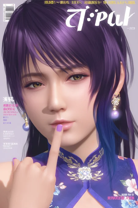 score_9,score_8,score_7_up,ultra detailed,realistic,
shandy \(doa\),1girl, solo,
shandy \(doa\), 1girl, solo, looking at viewer, half-closed eyes, closed mouth, ((pinky to mouth)), ((raised pinky)),
purple hair, long hair, swept bangs, asymmetrical hair, single sidelock, purple-blue gradient sidelock, hair on shoulder,
pentapetalous_hollow-out_gold_purple_pearl_earrings,
purple chinese dress, cleavage_cutout,floral_print, large_breasts,
fingers, purple nails, nail polish, close-up, portrait, from side,
from side,close-up,magazine_cover,
<lora:doa_shandy_pdxl_v16:1.0>