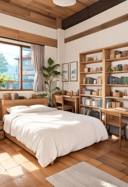 masterpiece, best quality, very aesthetic, absurdres,
shinshitsu, scenery, bed, book, wooden floor, shelf, indoors, plant, window, bookshelf, chair, table, bedroom, pillow, lamp, day, tree,
<lora:JMShinshitsu_SDXL_V1:1>