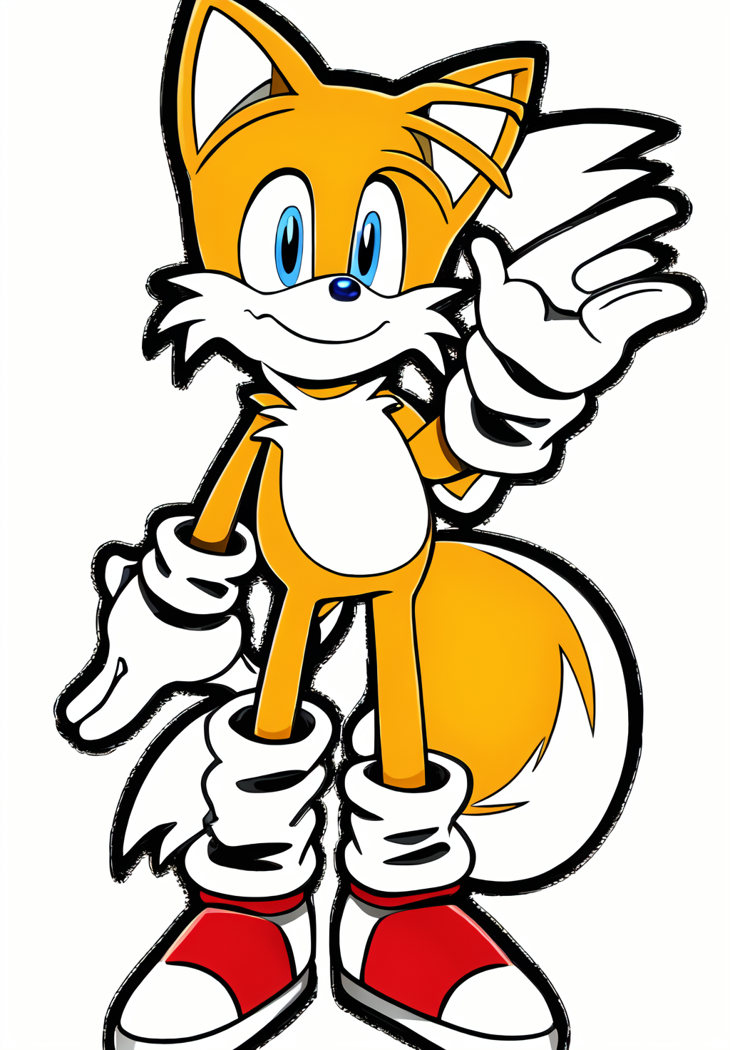 <lora:Tails:0.8>, Tails, solo, looking at viewer, smile, simple background, 1boy, standing, full body, male focus, black background, outline, furry male, fox boy