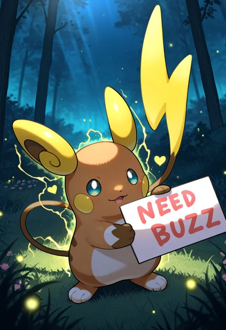 Alolan Raichu Pokemon, best quality, detailed background, intricate details, cute, Green forest, grass, trees, sunlight, dynamic lighting, holding sign, (((NEED_ BUZZ))) sign, flowers, hearts, kawaii, cute, electric aura, electric sparks, night time, fireflies