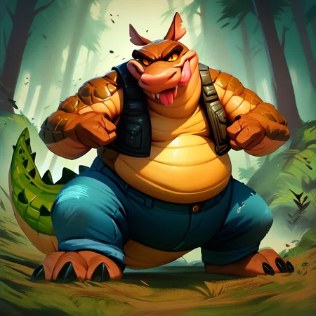 score_9, score_8_up, score_7_up, score_6_up, score_5_up, score_4_up, dingodile, dingo, crocodile tail, monster, mutant, scaly, furry, vest, jeans, fat, chubby, orange eyes, smile, tongue out, action pose, forest background,