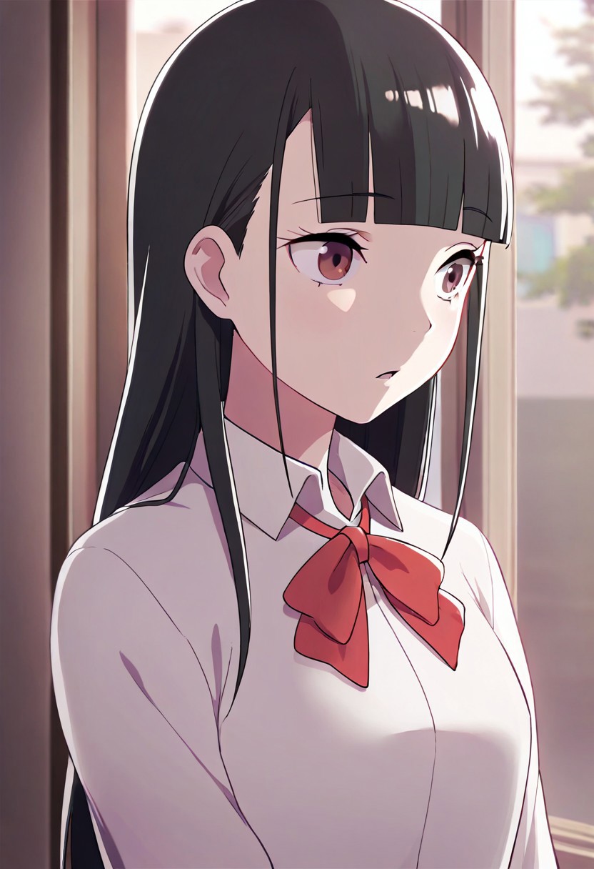 masterpiece,best quality,amazing quality, kobuchizawa shirase, long hair, black hair, reddish-brown eyes, 1girl, solo, shirt, bow, school uniform, white shirt, blunt bangs, red bow, collared shirt, upper body, bowtie