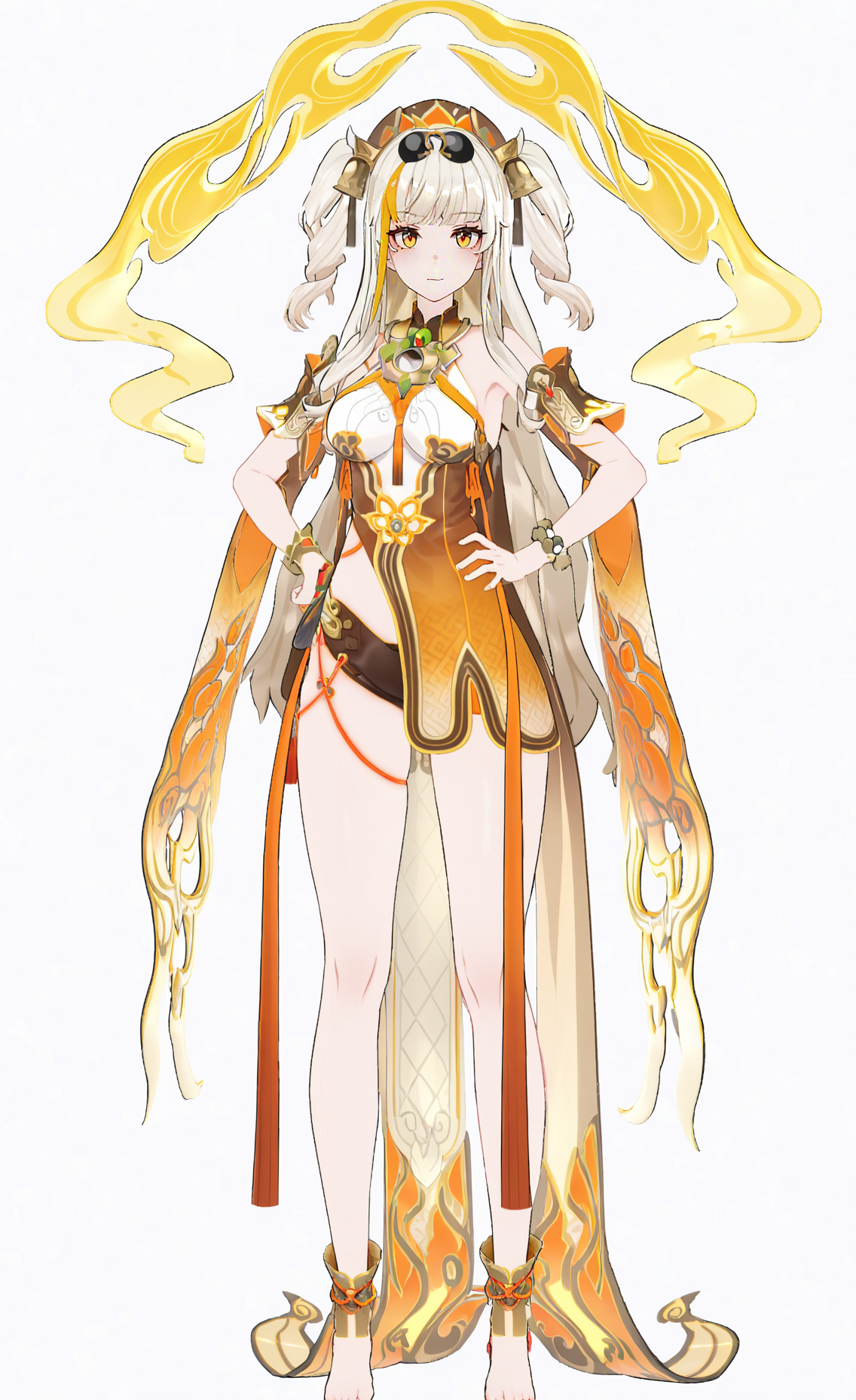 8k, best quality, masterpiece, (ultra-detailed), (high detailed skin), (white background:1.3), 
(full body:1.25), (white background), standing, looking at viewer, (solo), hands on hips, 
<lora:songque-A3-Tanger-000013:0.8>, songque, 2nd clothes, shen2, golden clothes, 1girl, long hair, jewelry, barefoot, two side up, multicolored hair,
(beautiful_face), ((intricate_detail)), clear face, 
((finely_detailed)), fine_fabric_emphasis, 
((glossy)), full_shot,