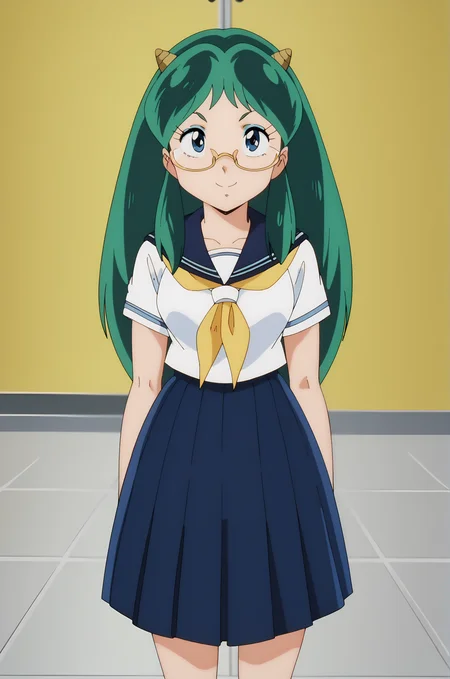 score_9, score_8_up, score_7_up, source anime, anime, animification, anime screencap, anime coloring, vivid colors, shiny skin, skindentation, deep skin, depth of field, high quality, highres, (dynamic angle,dynamic pose),
lumpierrot, 1girl, solo, long hair, smile, blue eyes, skirt,indoors, school uniform, pleated skirt, green hair, horns, serafuku, neckerchief, looking up, yellow background, eyeshadow, retro artstyle, lum, long skirt, glasses
BREAK
masterpiece,high quality
<lora:Lum_Pierrot_StylePony:0.9> <lora:anime_screencap:1> fine anime screencap_xl, anime screencap