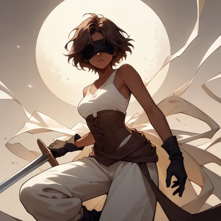 Score_9, Score_8_up, Score_7_up, (masterpiece), best quality, blindfolded, perfect face, perfect anatomy, anime girl, slim, medium breasts, hourglass shape, brown hair, short hair, dark skin and freckles, beautiful and trained bodysuit, white sleeveless shirt, brown corset that highlights her breasts and small waist, loose pants with openings on the sides, without shoes and with long black gloves that reach to her elbows, hippie aura, dark skin,kistune mask on the face
fighting perspective, with a sword in his hand, about to fight, hell
<lora:Concept_Masked_Lady:0.7>,