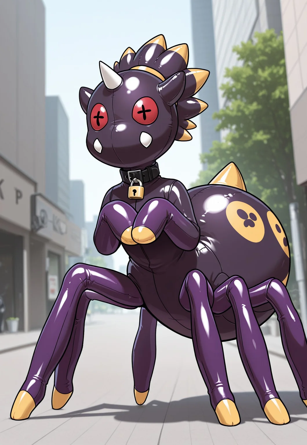  masterpiece, high quality, score_9, score_8_up, score_7_up, solo,1girl, shiny,janine, (spikey hair:1.25), hair pulled back, purple latex skin, living inflatable, bylivinginflatable, animate inanimate, living plushie, collar, zipper, public background, outdoors, [red bag over head::0.1], PKMN_Ariados, spider, mask, (red button eyes), cosplay, covered face, padlock, animal collar, covered neck, stitched, 1other, solo, spider, single horn, no mouth, yellow black body markings, multiple legs,, spider legs, fangs