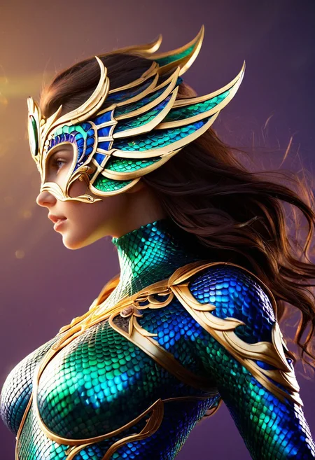 A hyper-realistic depiction of a young woman's upper body, adorned in a mesmerizing lamia scales-inspired outfit, with intricate, shimmering scales that gradient from emerald green to sapphire blue, set against a soft, gradient background that transitions from deep purple to midnight blue, with golden lighting accentuating the textures and curves of her skin and the outfit, in a close-up, slightly Dutch-angled shot, with ultra-detailed rendering and subtle, cinematic lens flares.