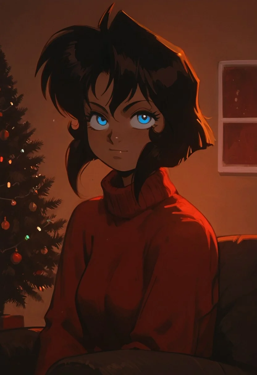 score_9, score_8_up, score_7_up, score_6_up, rating_explicit, solo focus, perfect cute face, futanari, looking at viewer, seductive, red christmas sweater, red sweater, (oversized sweater), dim lighting, christmas lights, steamy, shivering in anticipation, athletic body, Christmas tree, living room, gnsmth, dark-skinned female, black hair, blue eyes, short hair, small penis, flaccid, foreskin