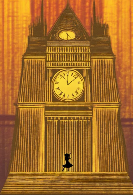 silhouette of a dancing puppet against the background of a large clock tower
