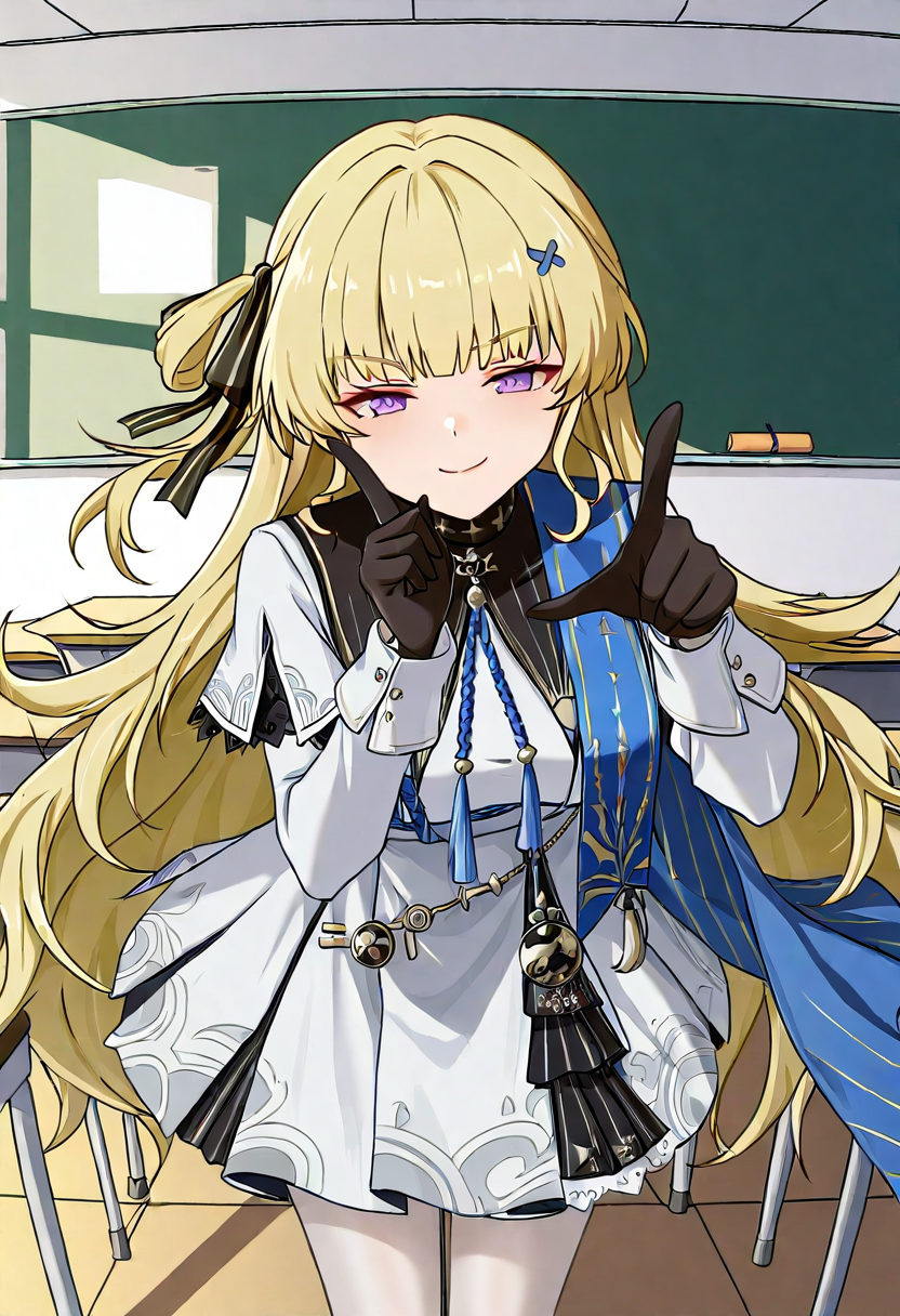1girl, solo, phoebe wuthering waves, blonde hair, purple eyes, black gloves, blue sash, side cape, blue cape, long sleeves, white dress, white pantyhose, looking at viewer,
pointing finger at viewer, smug expression, leaning forward, pov finger pointing, bright classroom, mid-range, three-quarter view, playful interaction
, <lora:Character_Phoebe-000015:0.8>