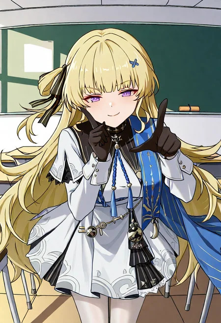 1girl, solo, phoebe wuthering waves, blonde hair, purple eyes, black gloves, blue sash, side cape, blue cape, long sleeves, white dress, white pantyhose, looking at viewer,
pointing finger at viewer, smug expression, leaning forward, pov finger pointing, bright classroom, mid-range, three-quarter view, playful interaction
, <lora:Character_Phoebe-000015:0.8>