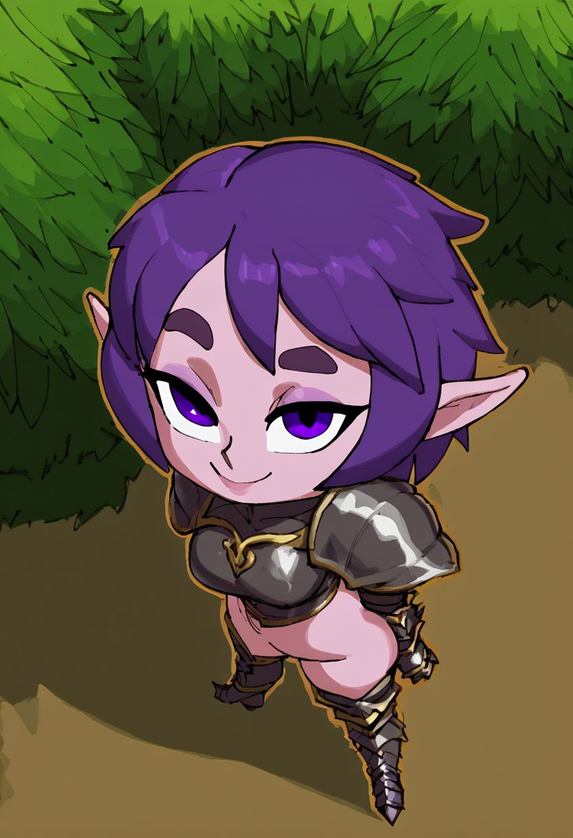 High Fantasy, ow-angle view, looking at viewer, strong female, rugged female halfling, with pretty face, thick eyebrows, purple eyes, dark-blue pupils, short dark-purple hair, leather armor, bulky, muscular, short, stout, small, short & wide body, thick & plump, stumpy arms & legs, huffslove, shortstack, shortstack, graphic novels illustration, outline, Sketch, Magical, Medieval, darkfantasy worlds, grim themes, grim foreat, gigantic tall trees, highly detailed, close up, dark forest, creeping thick fog,