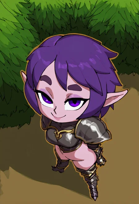 High Fantasy, ow-angle view, looking at viewer, strong female, rugged female halfling, with pretty face, thick eyebrows, purple eyes, dark-blue pupils, short dark-purple hair, leather armor, bulky, muscular, short, stout, small, short & wide body, thick & plump, stumpy arms & legs, huffslove, shortstack, shortstack, graphic novels illustration, outline, Sketch, Magical, Medieval, darkfantasy worlds, grim themes, grim foreat, gigantic tall trees, highly detailed, close up, dark forest, creeping thick fog,